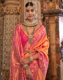 Collection of Orange Banaras Silk Party Wear Stones work Saree in a gallery layout