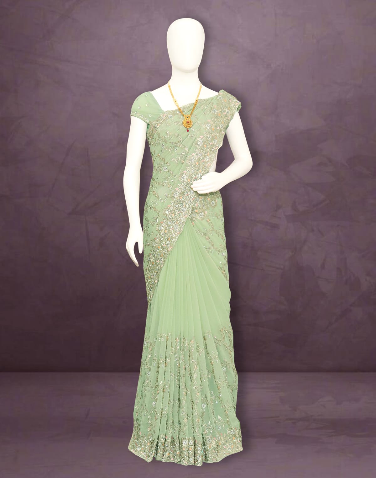 Collection of Pista Green Floral Georgette Stones work Saree in a gallery layout