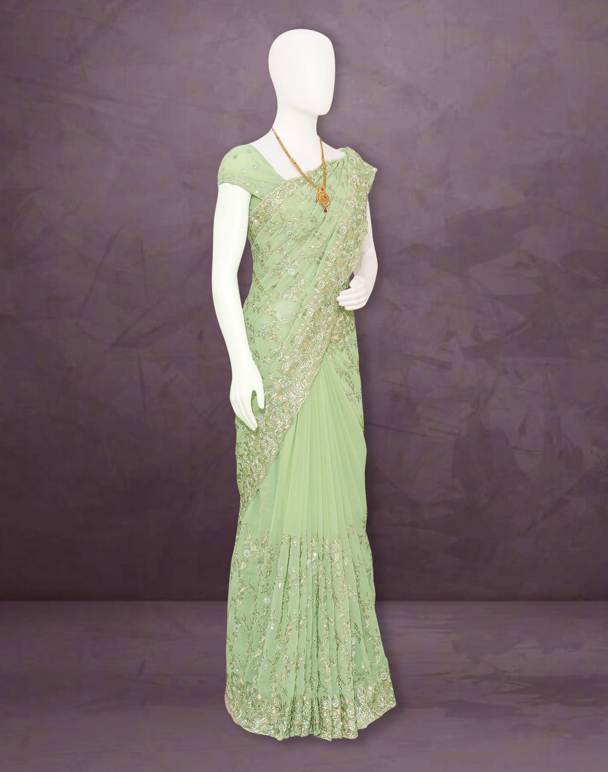 Collection of Pista Green Floral Georgette Stones work Saree in a gallery layout