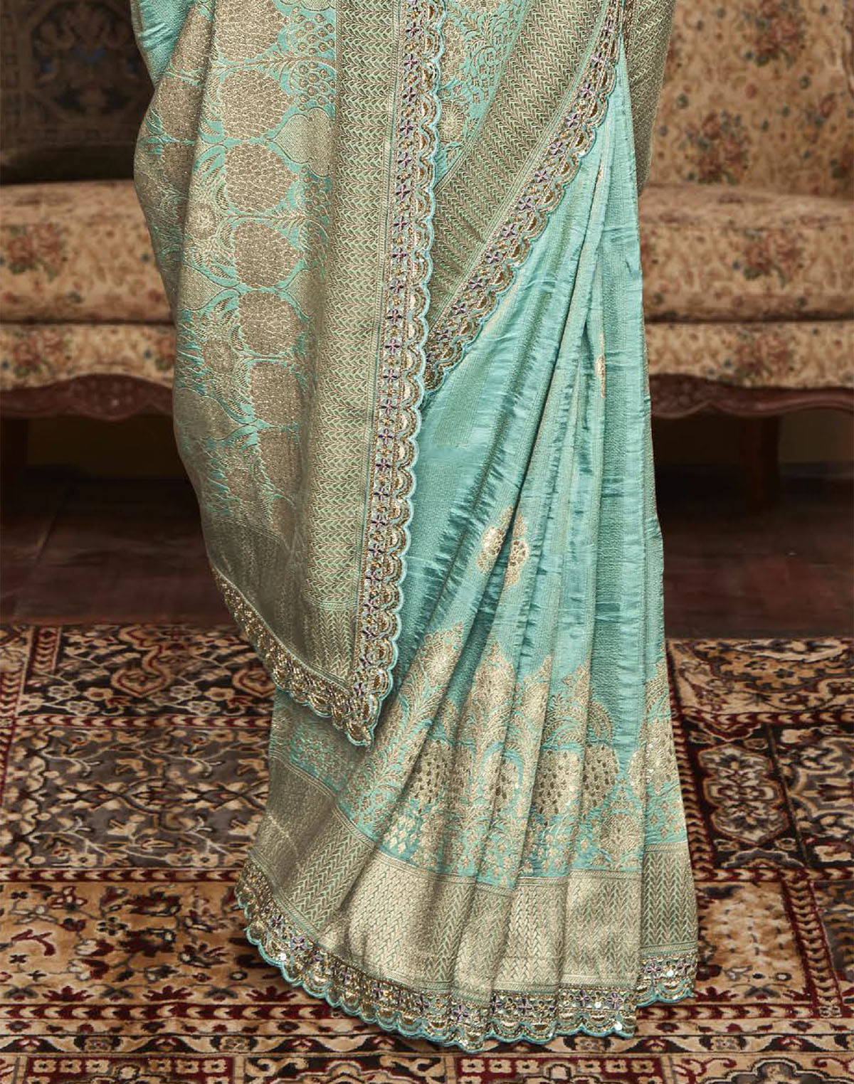 Collection of Sea Green Banarasi Designer Dola Silk Saree With Embroidered Blouse in a gallery layout