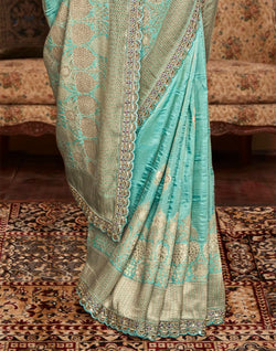 Collection of Sea Green Banarasi Designer Dola Silk Saree With Embroidered Blouse in a gallery layout