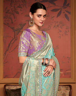 Collection of Sea Green Banarasi Designer Dola Silk Saree With Embroidered Blouse in a gallery layout