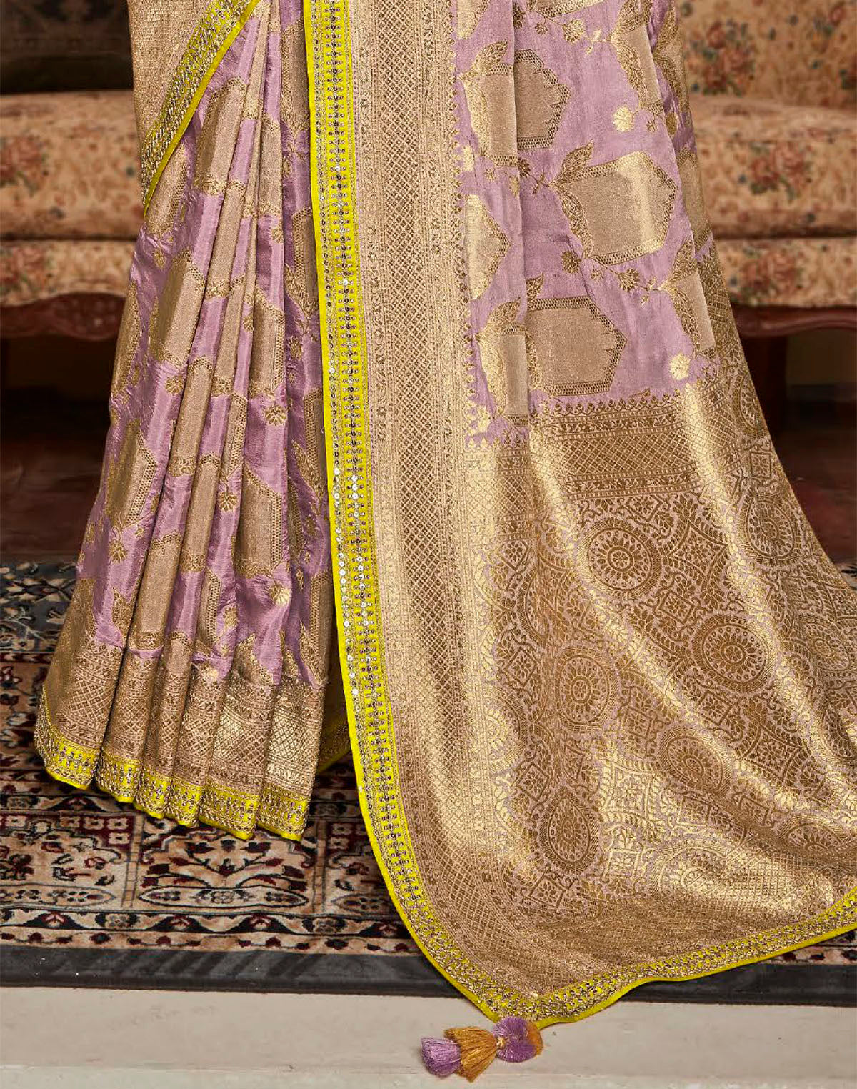 Collection of Light Purple Woven Design Fancy Lace Border Dola Silk Saree in a gallery layout