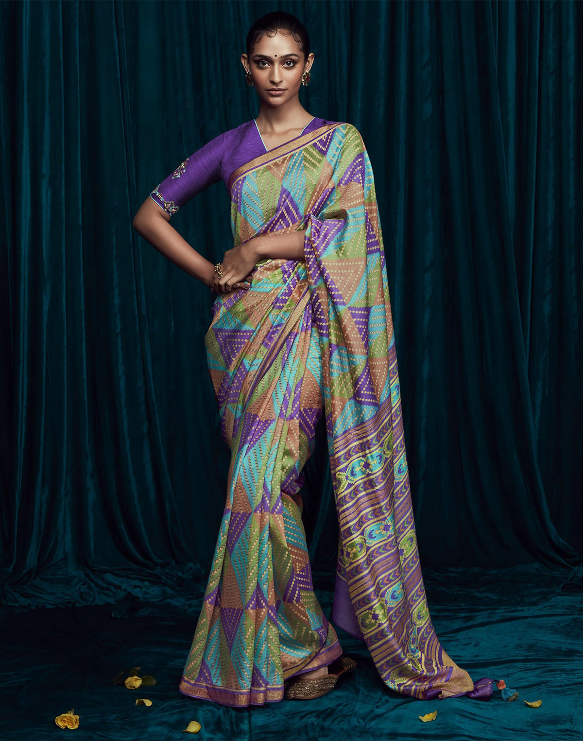 Multi Color Brasso Silk Saree With Embroidered Blouse