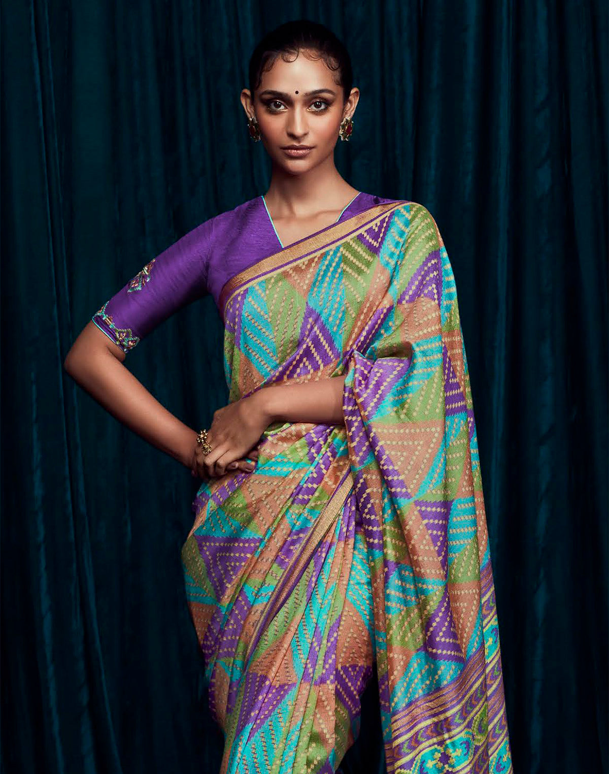 Collection of Multi Color Brasso Silk Saree With Embroidered Blouse in a gallery layout