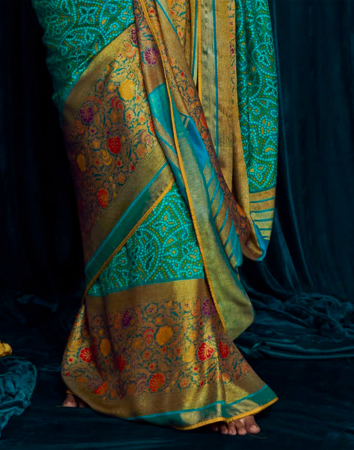 Collection of Green Brasso Silk Saree With Raw Silk Embroidered Yellow Blouse in a gallery layout