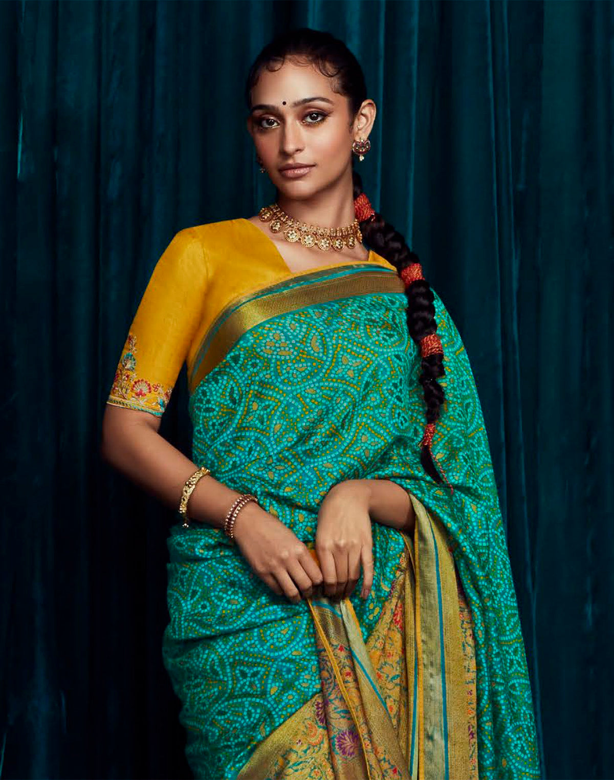 Green Brasso Silk Saree With Raw Silk Embroidered Yellow Blouse