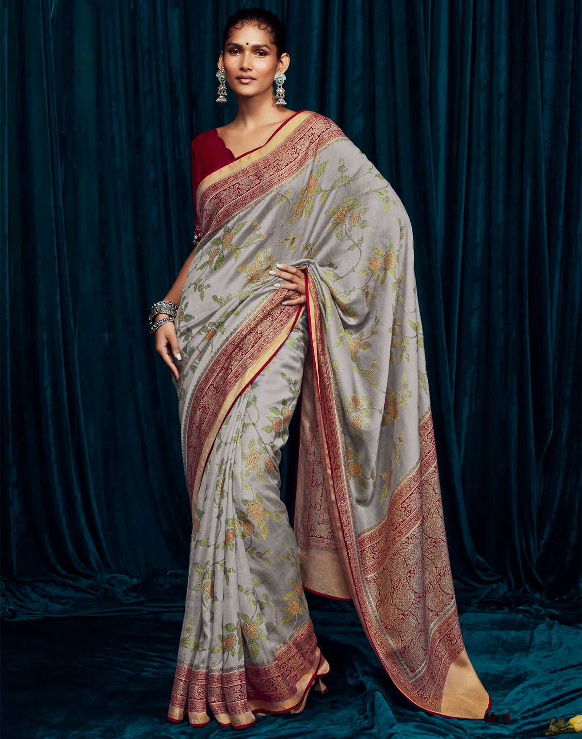 Light Grey Floral Brasso Silk Saree With Red Coloured Designer Blouse