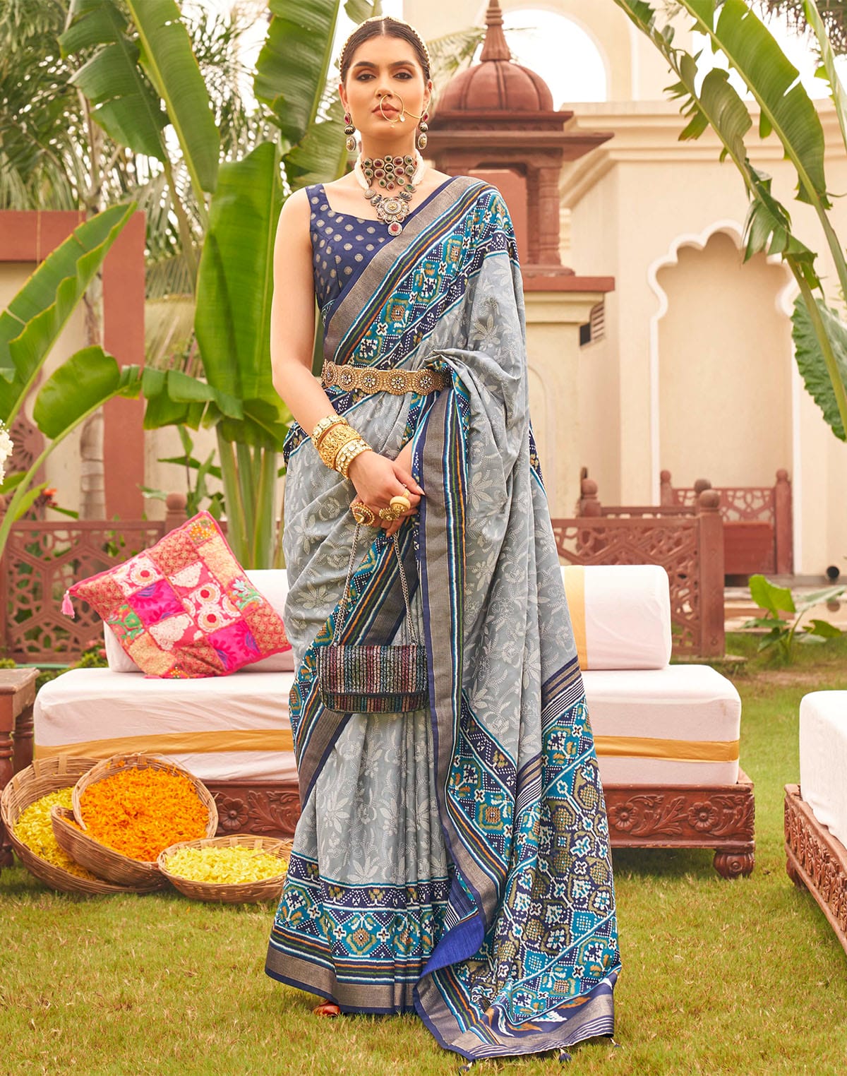 Bewitching Grey Soft Patola Silk Saree