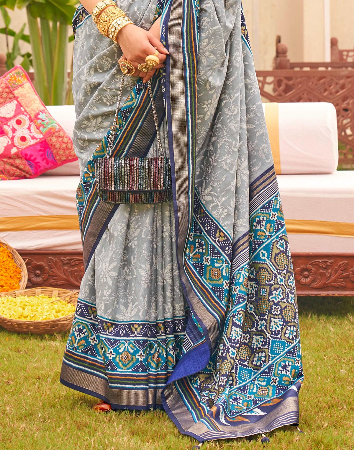 Bewitching Grey Soft Patola Silk Saree