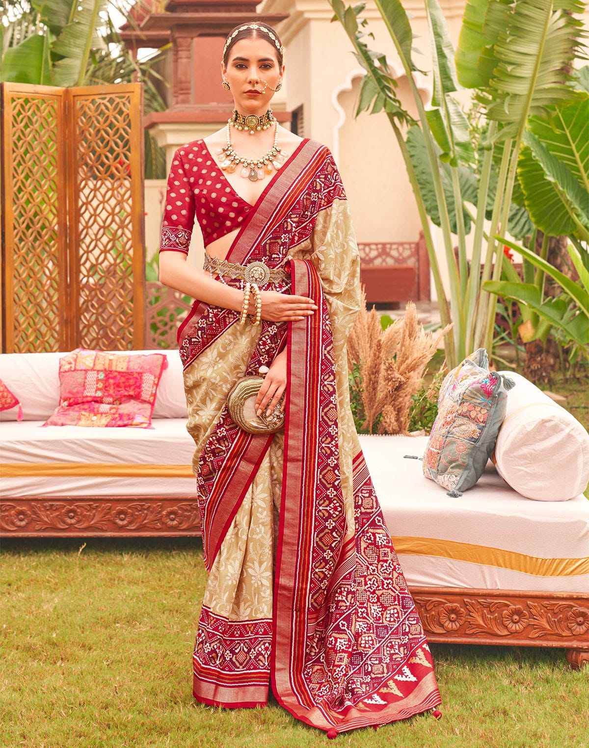 Cream and Red Floral Patola Silk Designer Saree