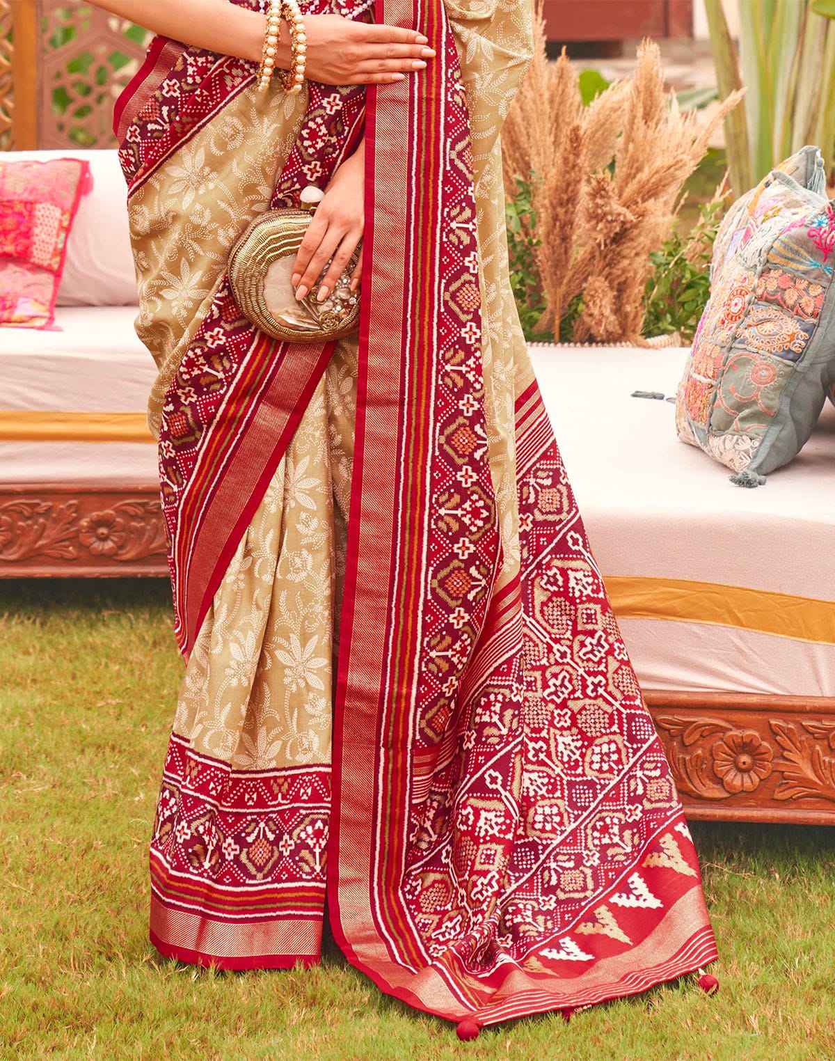 Cream and Red Floral Patola Silk Designer Saree