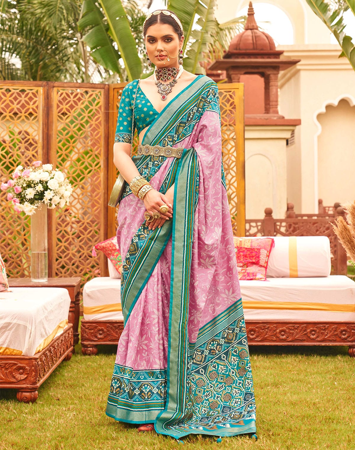 Glamorous Pink Patola Print Saree