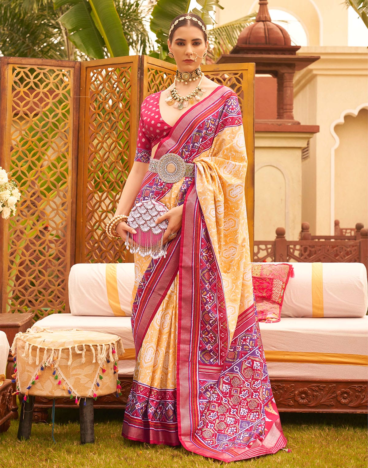 Light Yellow Patola Silk Contrast Saree