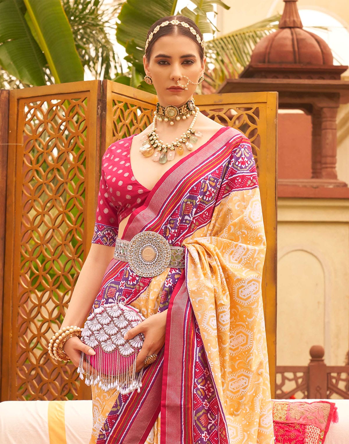 Light Yellow Patola Silk Contrast Saree