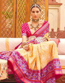 Collection of Light Yellow Patola Silk Contrast Saree in a gallery layout