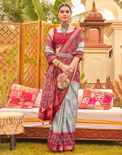 Collection of Grey and Red Traditional Patola Silk Saree in a gallery layout