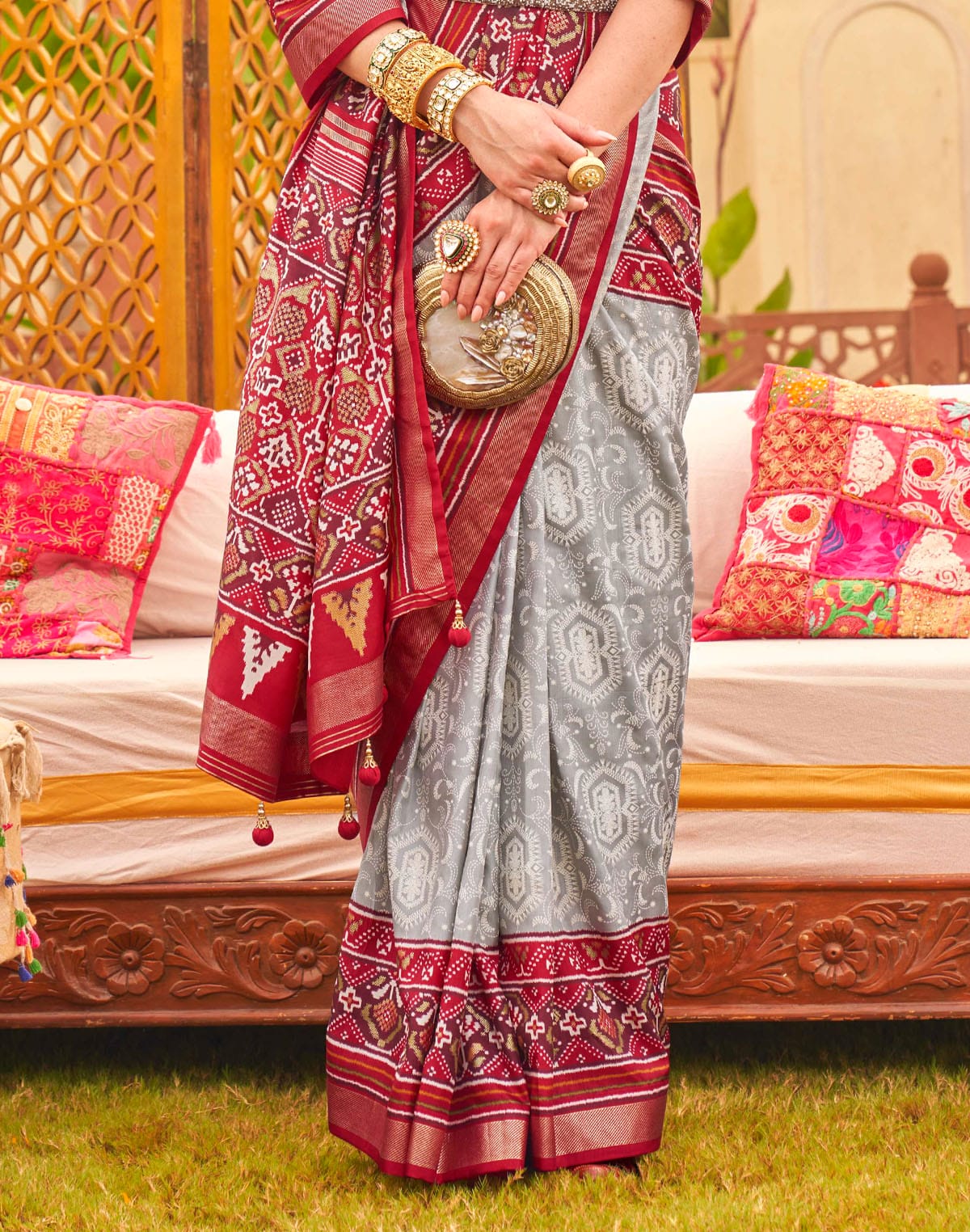 Grey and Red Traditional Patola Silk Saree