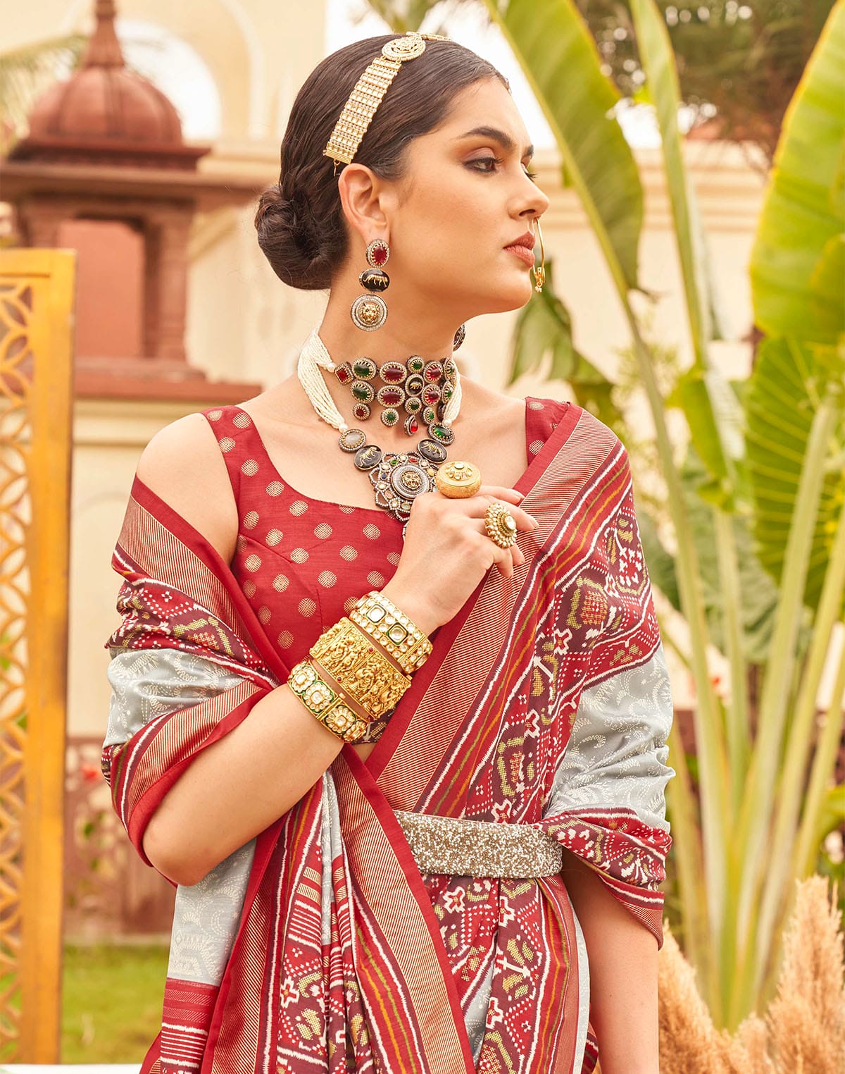 Grey and Red Traditional Patola Silk Saree