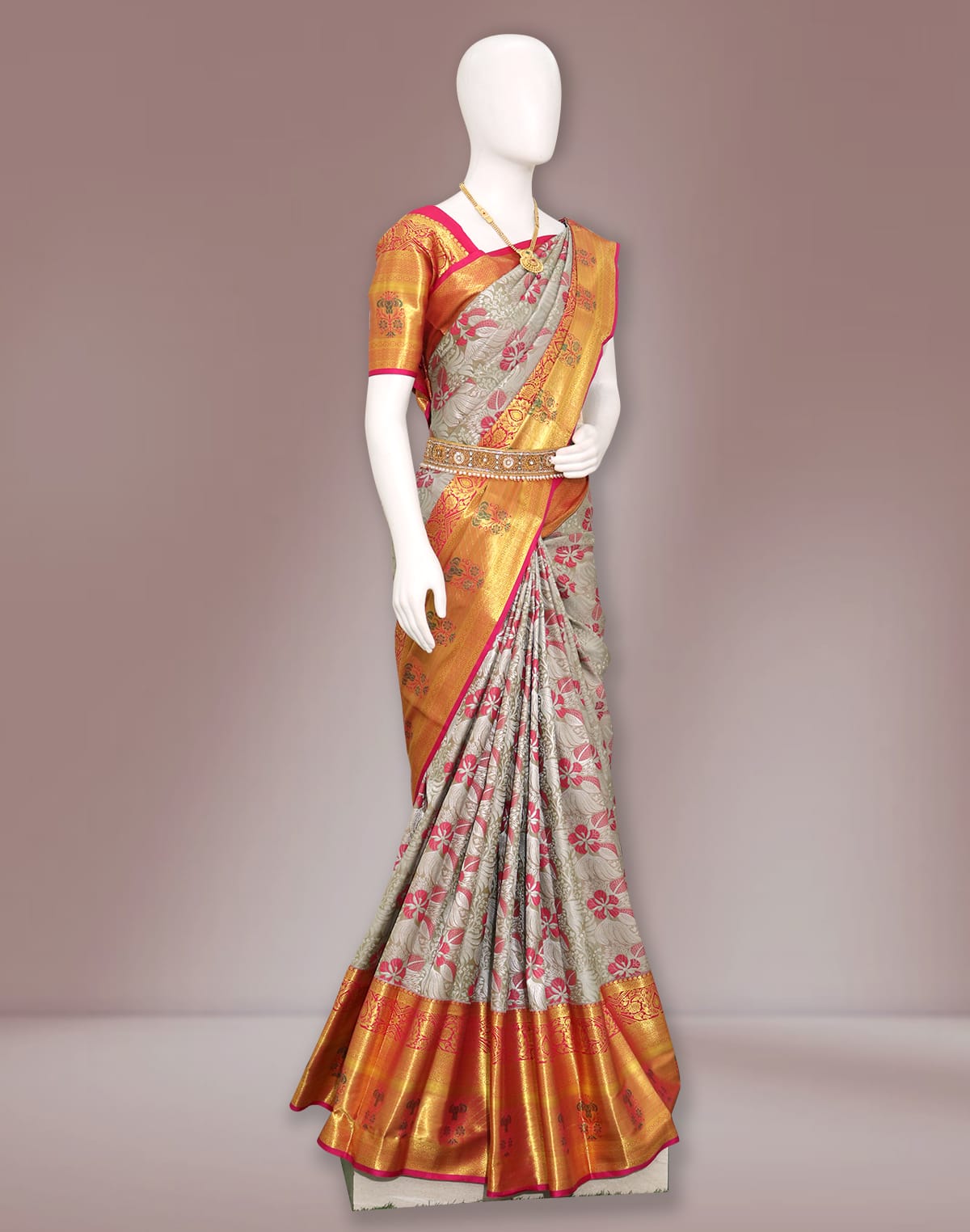 Collection of Grey and Pink Kanchi Pattu Saree in a gallery layout