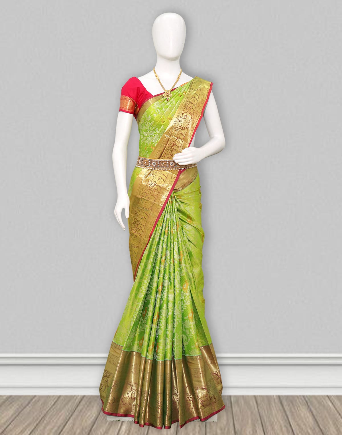 Parrot Green Silver and Golden Zari Pattu Saree