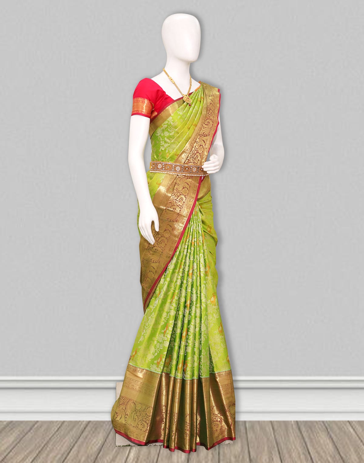 Collection of Parrot Green Silver and Golden Zari Pattu Saree in a gallery layout