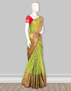 Collection of Parrot Green Silver and Golden Zari Pattu Saree in a gallery layout