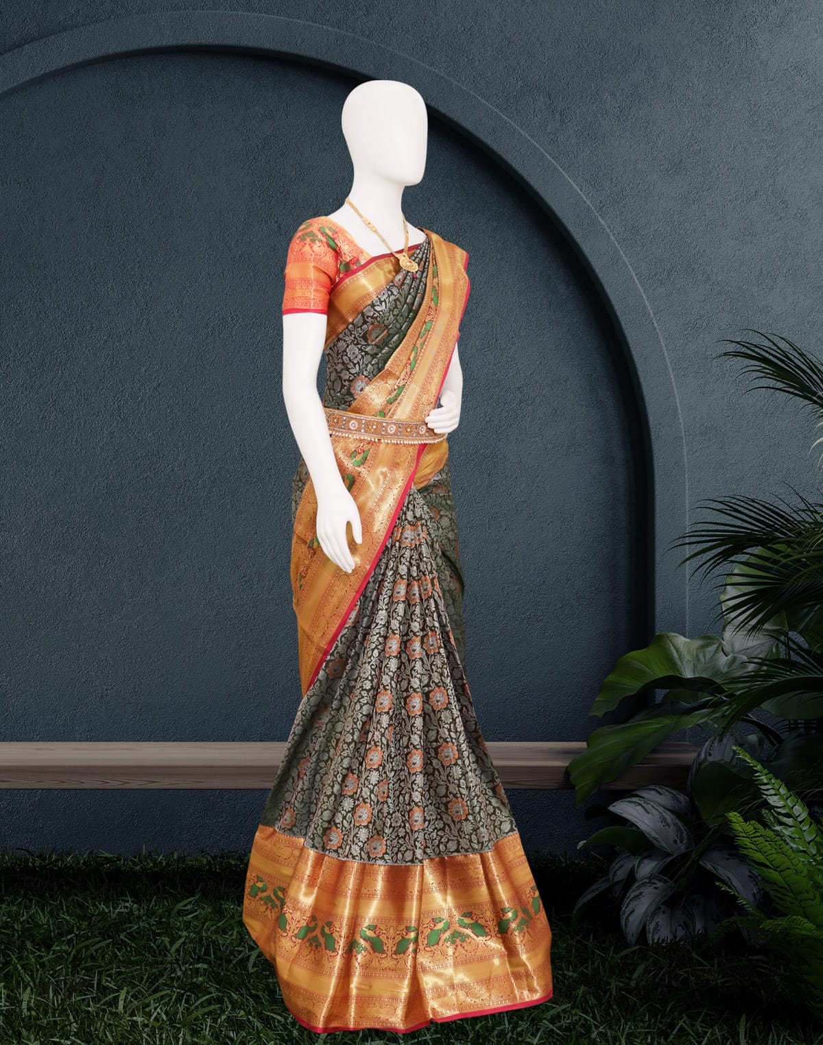 Silver and Golden Zari Skut Border Dark Green Saree