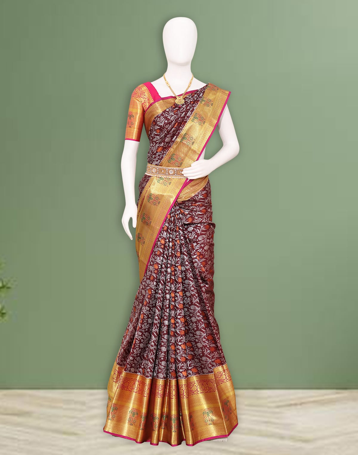 Collection of Brown Floral Silver and Golden Zari Silk Saree in a gallery layout