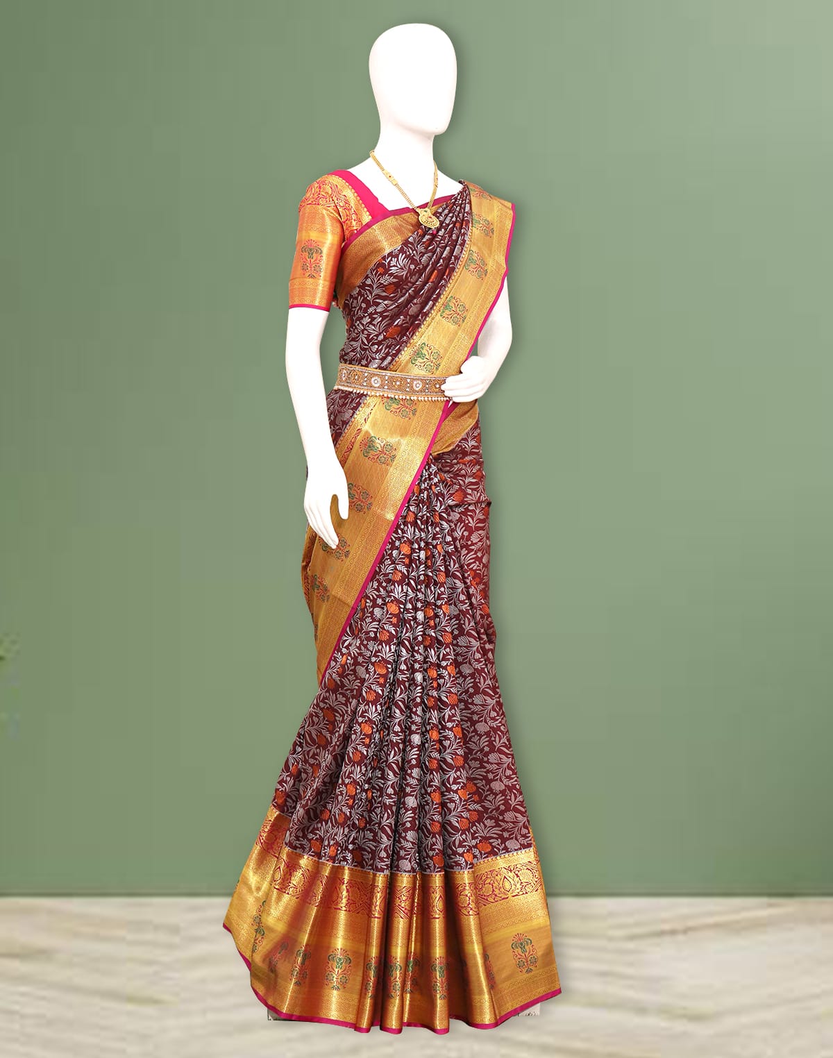 Collection of Brown Floral Silver and Golden Zari Silk Saree in a gallery layout