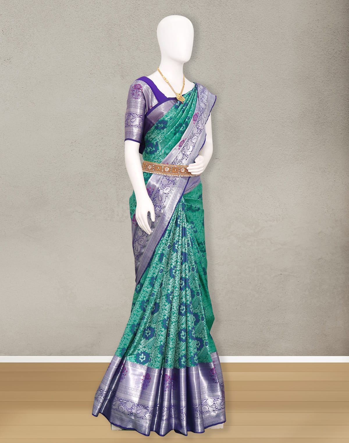 Collection of Green Meenakari Floral Silver Zari design Kanchi Pattu Saree in a gallery layout