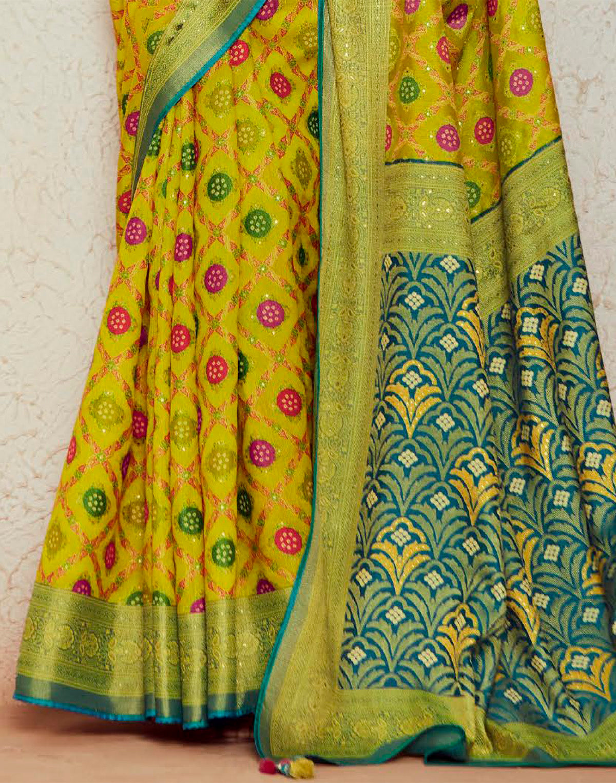 Collection of Light Yellow Brasso Silk Saree and Designer Blouse in a gallery layout