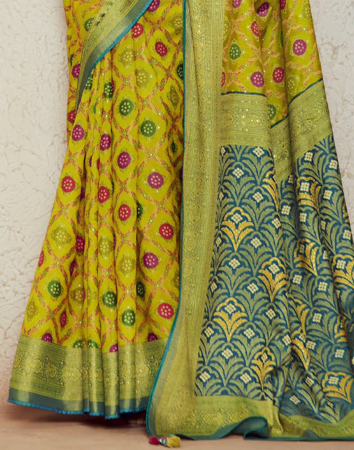 Collection of Light Yellow Brasso Silk Saree and Designer Blouse in a gallery layout