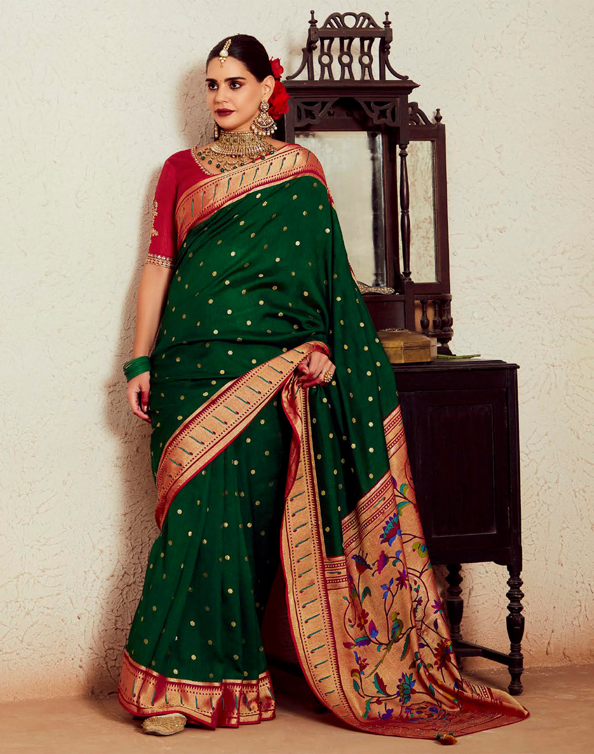 Dark Green  Brasso Silk Paithani Saree With Embroidered Blouse