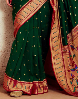 Collection of Dark Green  Brasso Silk Paithani Saree With Embroidered Blouse in a gallery layout