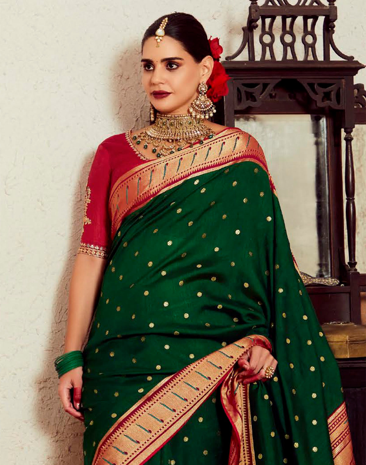 Collection of Dark Green  Brasso Silk Paithani Saree With Embroidered Blouse in a gallery layout