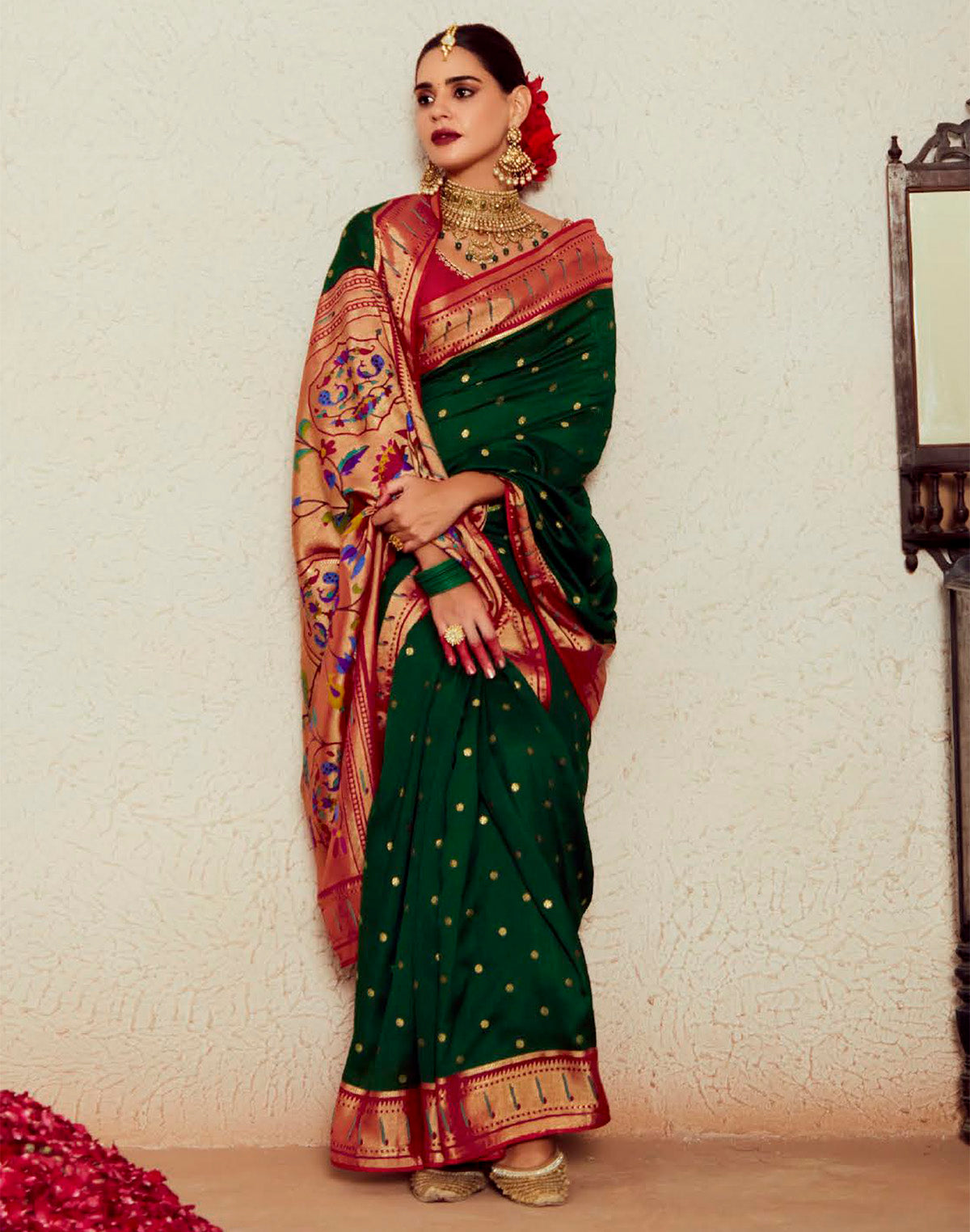 Collection of Dark Green  Brasso Silk Paithani Saree With Embroidered Blouse in a gallery layout