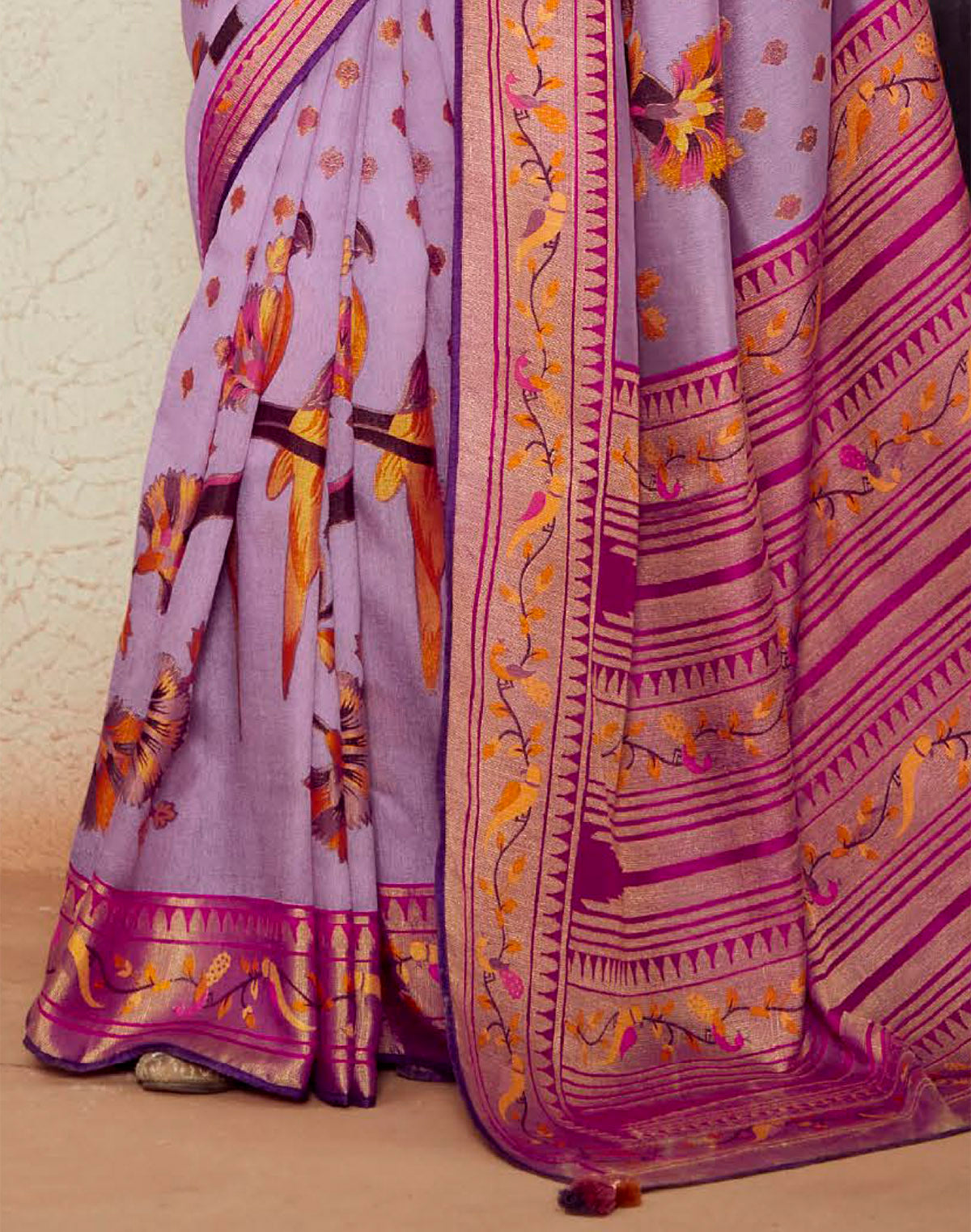 Collection of Light Purple Floral Pattern Brasso Silk Saree in a gallery layout