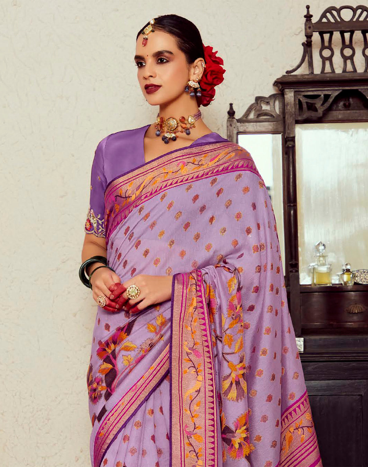 Light Purple Floral Pattern Brasso Silk Saree