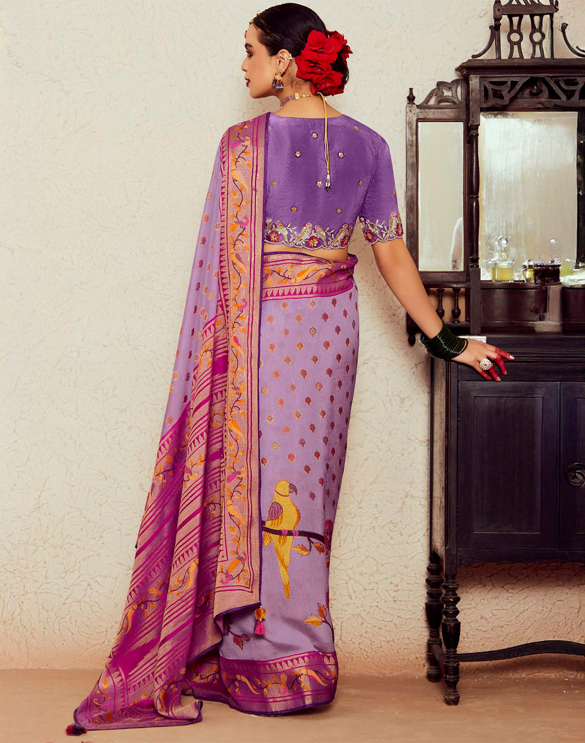 Collection of Light Purple Floral Pattern Brasso Silk Saree in a gallery layout