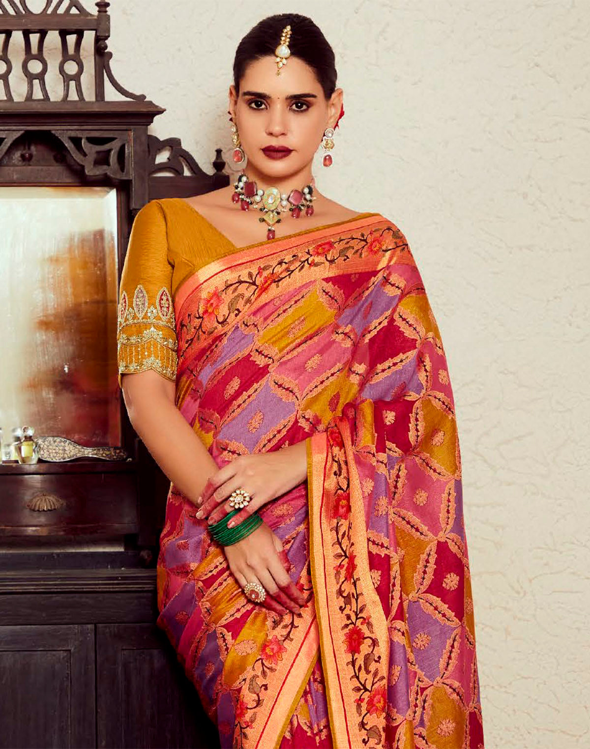 Collection of Multi Color Soft Brasso Silk Designer Saree With Designer Blouse in a gallery layout