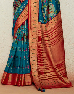 Collection of Blue Brasso Silk Paithani Saree With Embroidered Blouse in a gallery layout