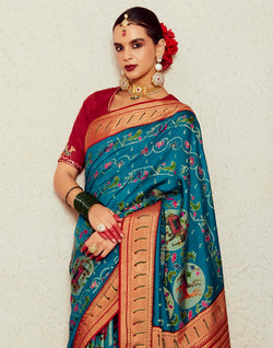 Collection of Blue Brasso Silk Paithani Saree With Embroidered Blouse in a gallery layout