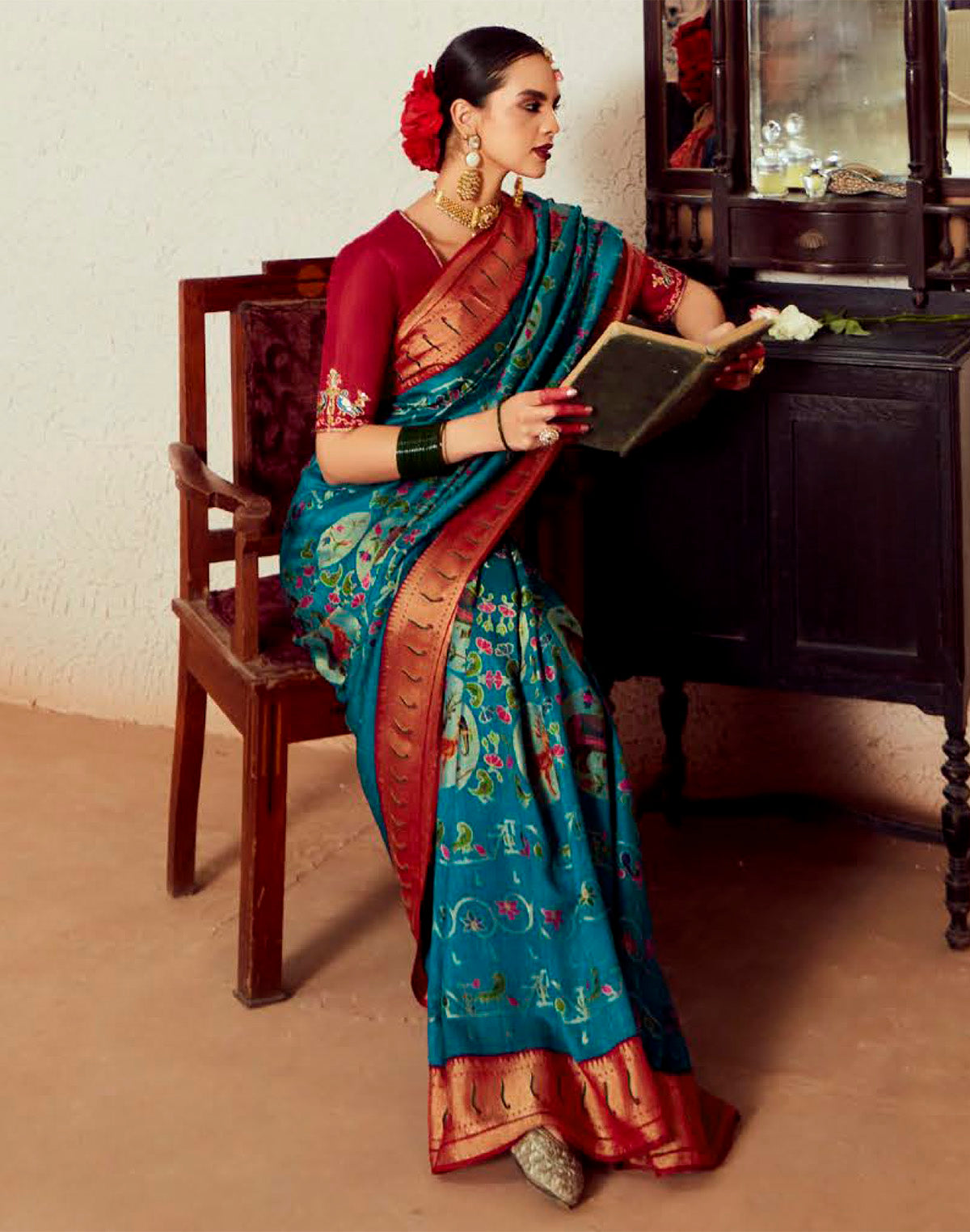 Collection of Blue Brasso Silk Paithani Saree With Embroidered Blouse in a gallery layout