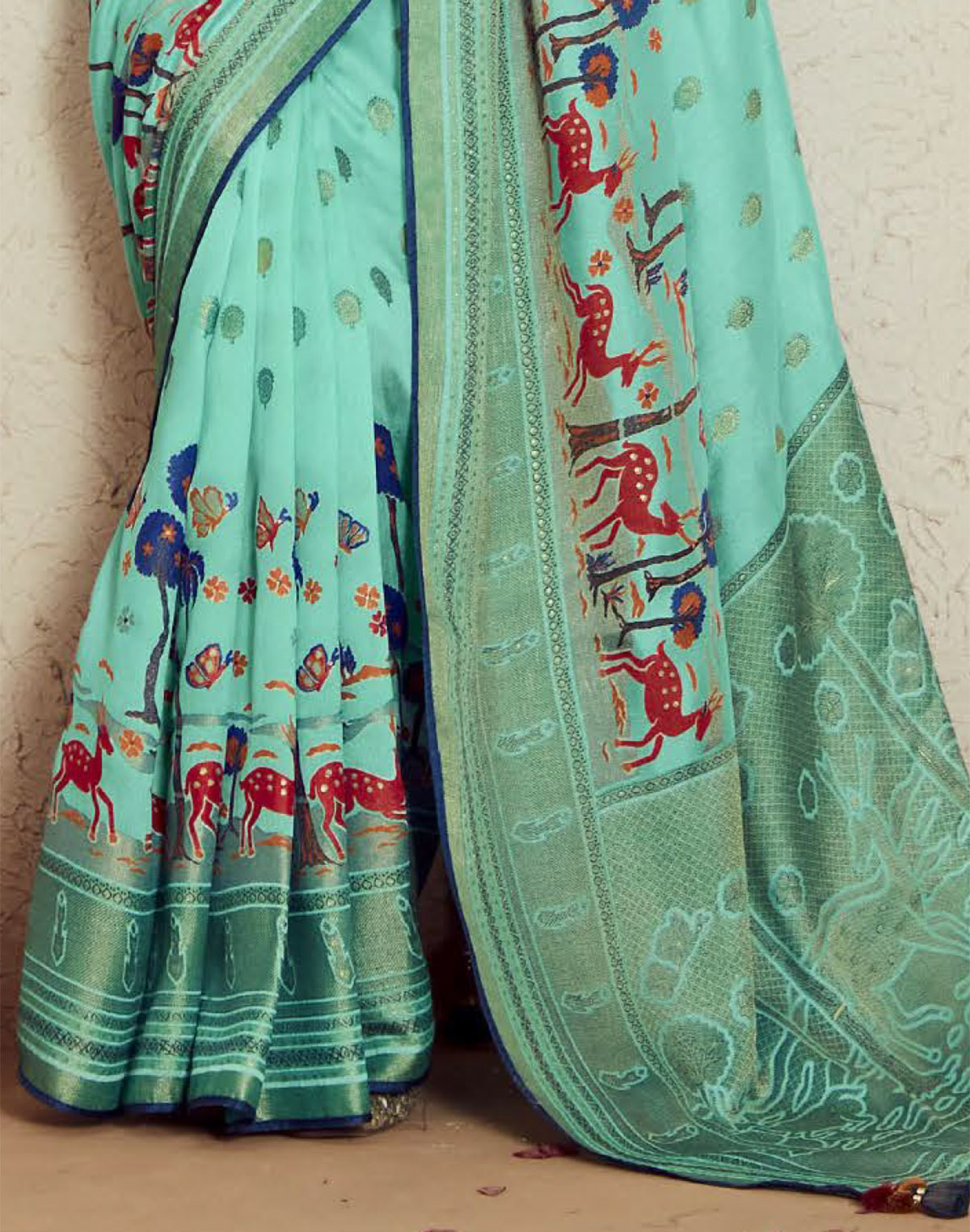 Collection of Sea Green Brasso Silk Saree With Embroidered Blouse in a gallery layout