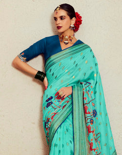 Collection of Sea Green Brasso Silk Saree With Embroidered Blouse in a gallery layout