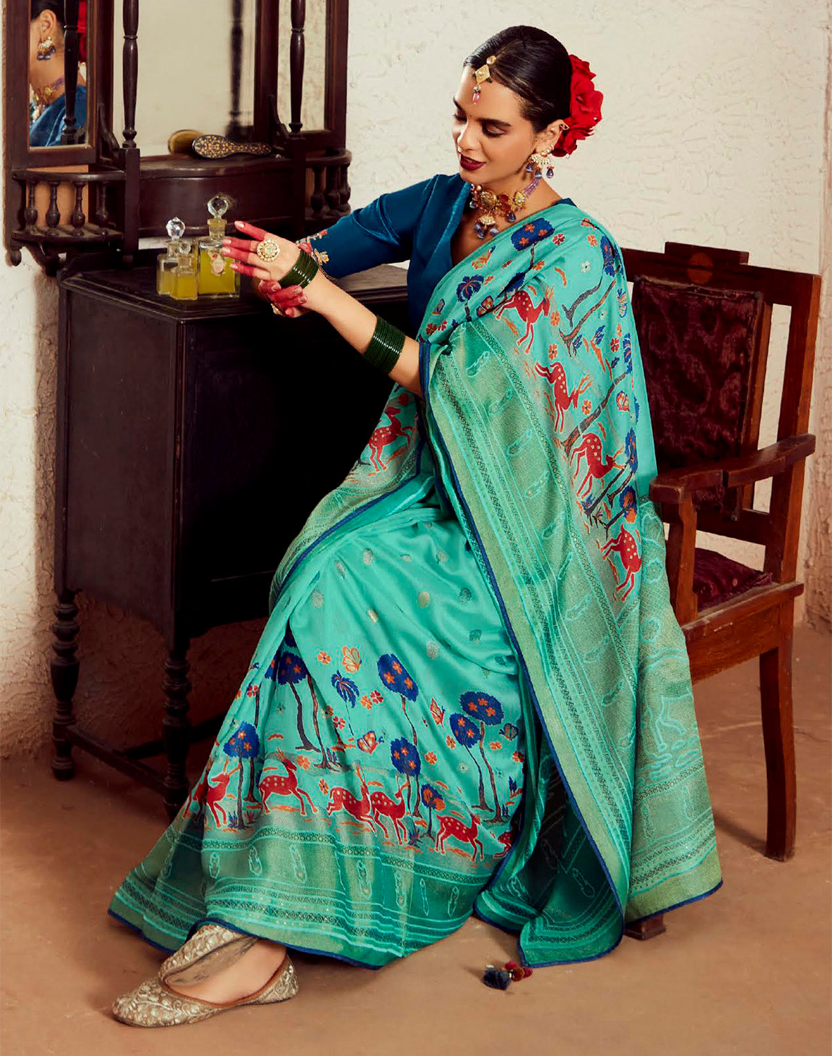 Collection of Sea Green Brasso Silk Saree With Embroidered Blouse in a gallery layout