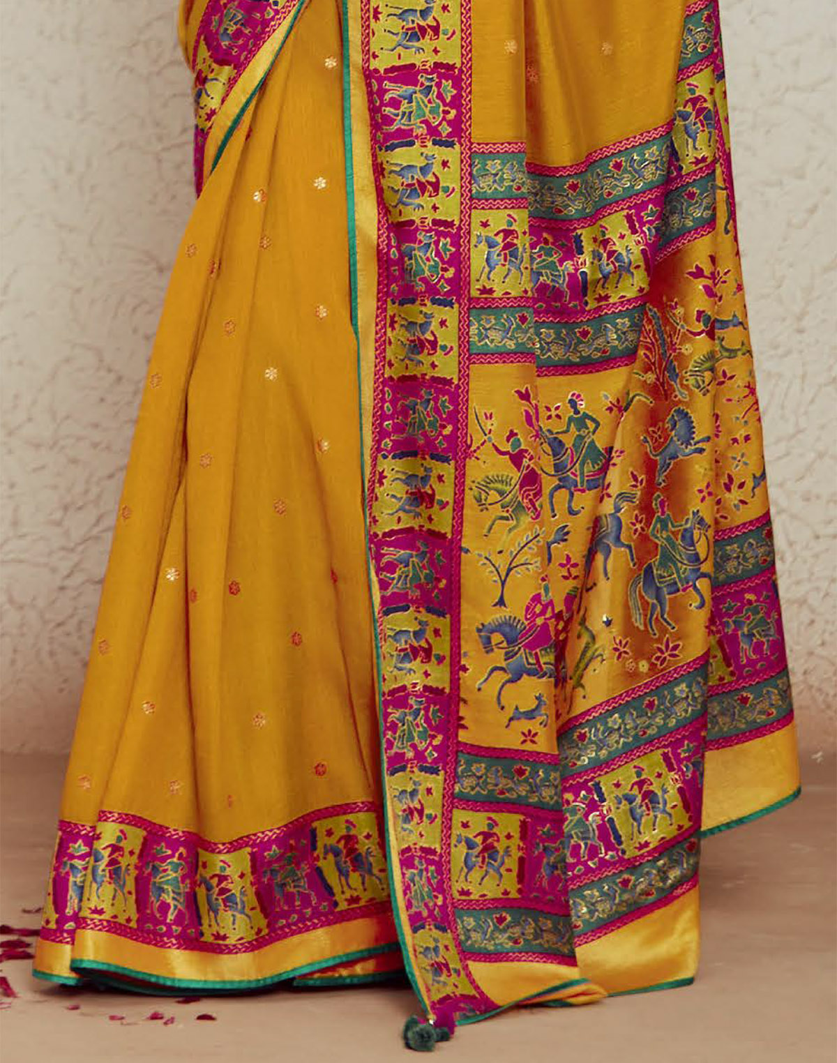 Collection of Mustard Yellow Brass Silk Designer Saree in a gallery layout