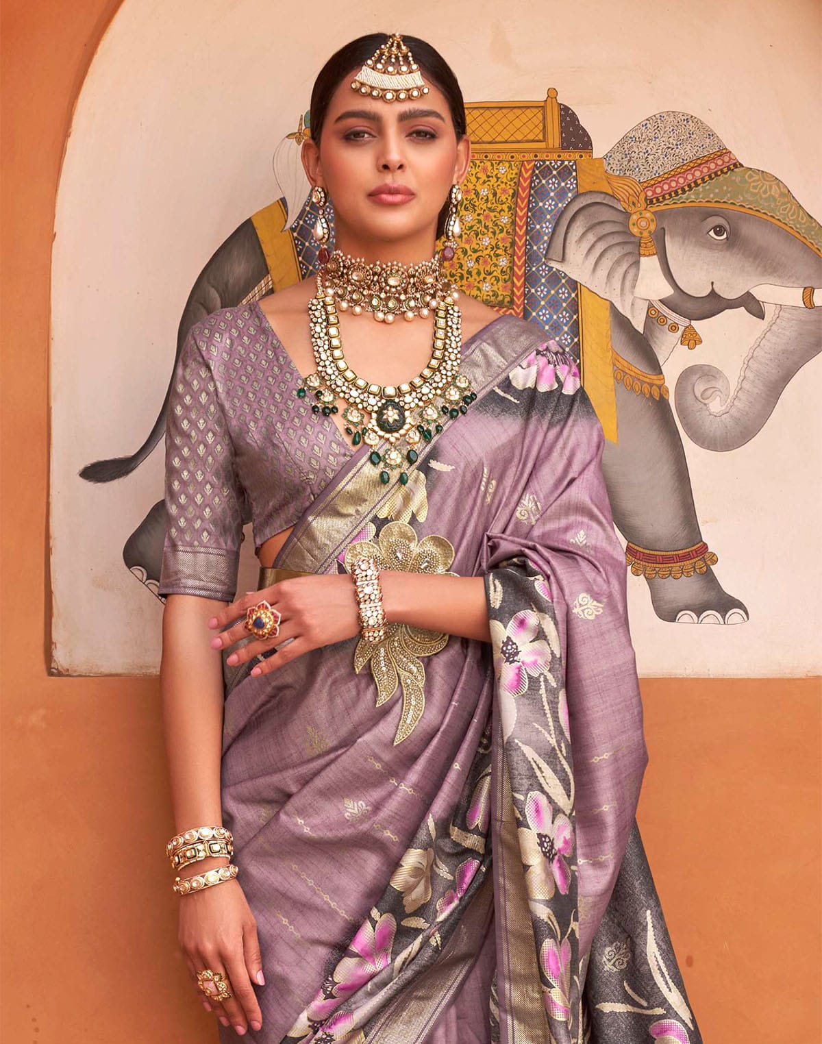 Collection of Light Purple Soft Silk Saree with Floral Print in a gallery layout