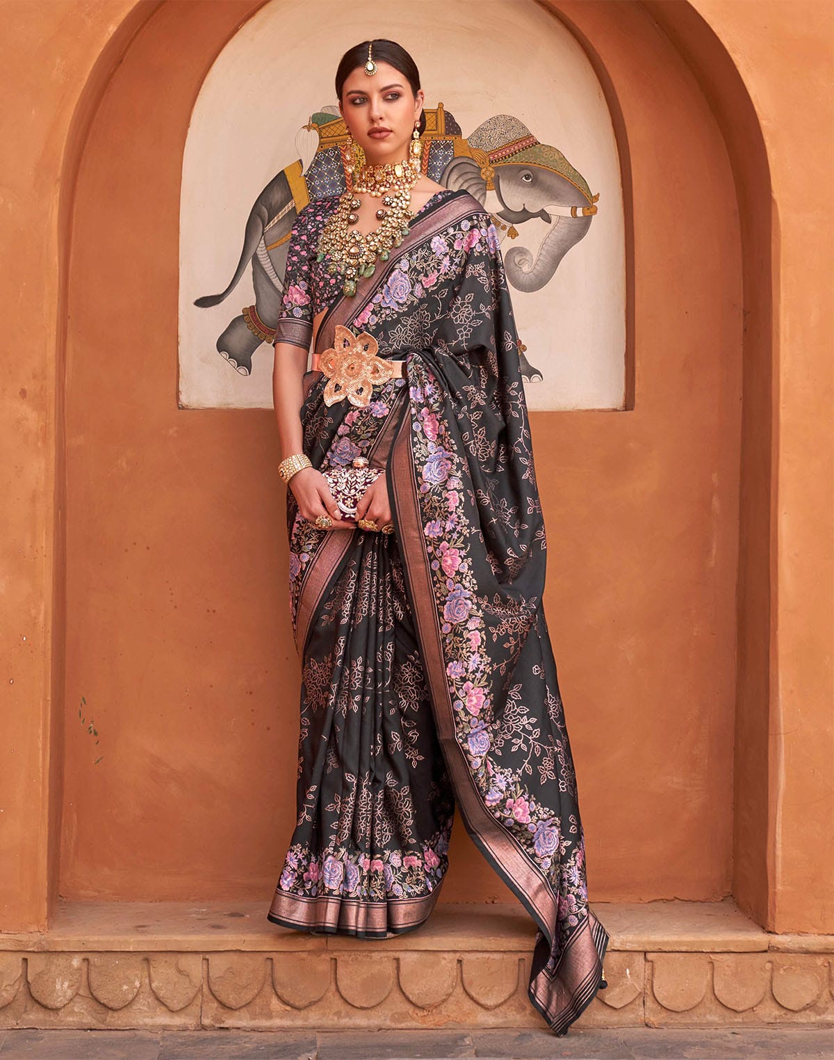 Collection of Soft Silk Black Floral Print Saree in a gallery layout